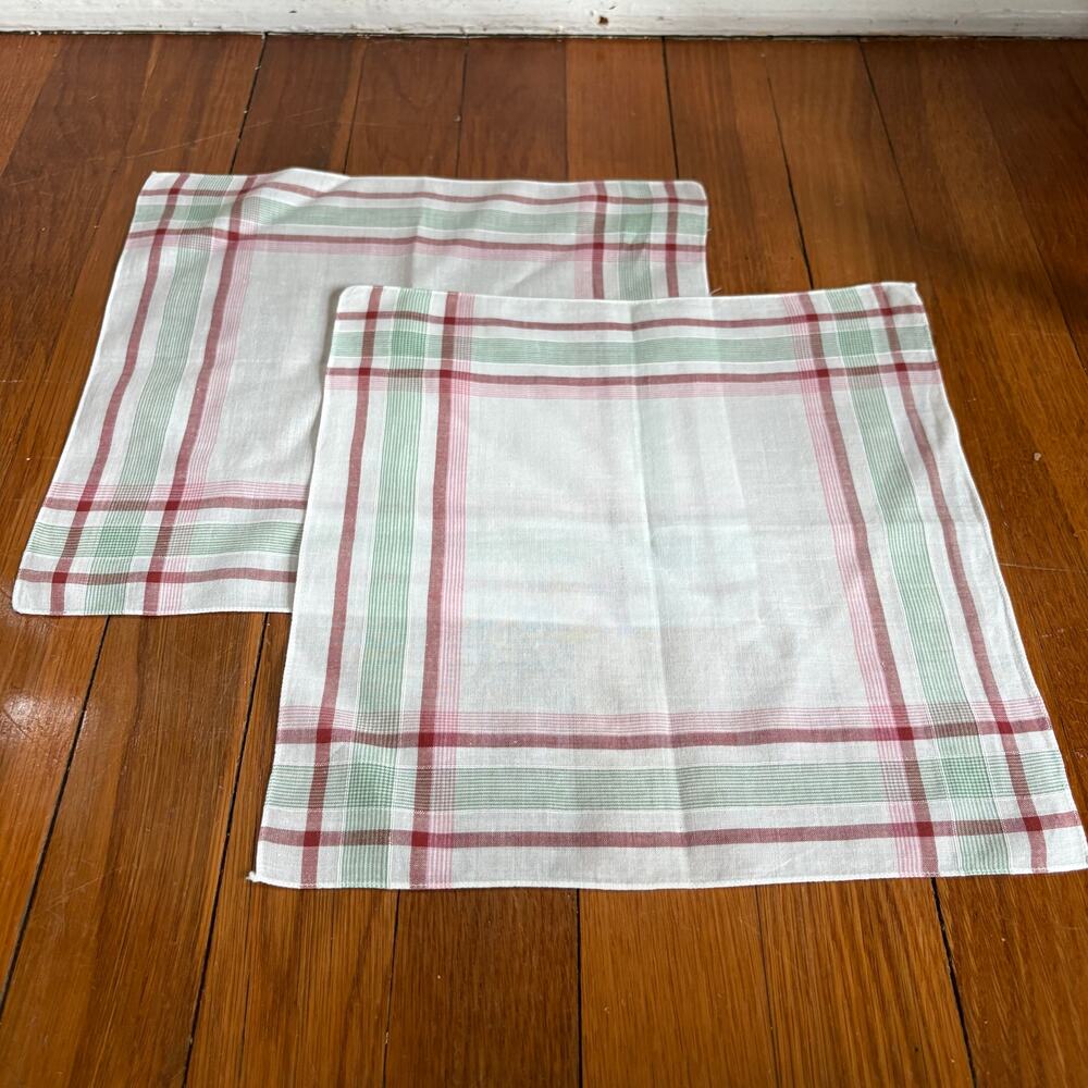 Vintage Plaid Cotton Handkerchief Set Red Green 10.5 x 11